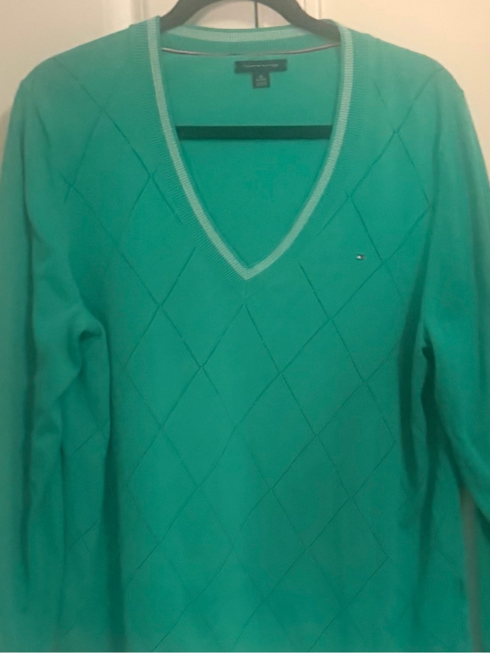 Tommy Hilfiger Women's Teal V-Neck Diamond-Argyle Sweater